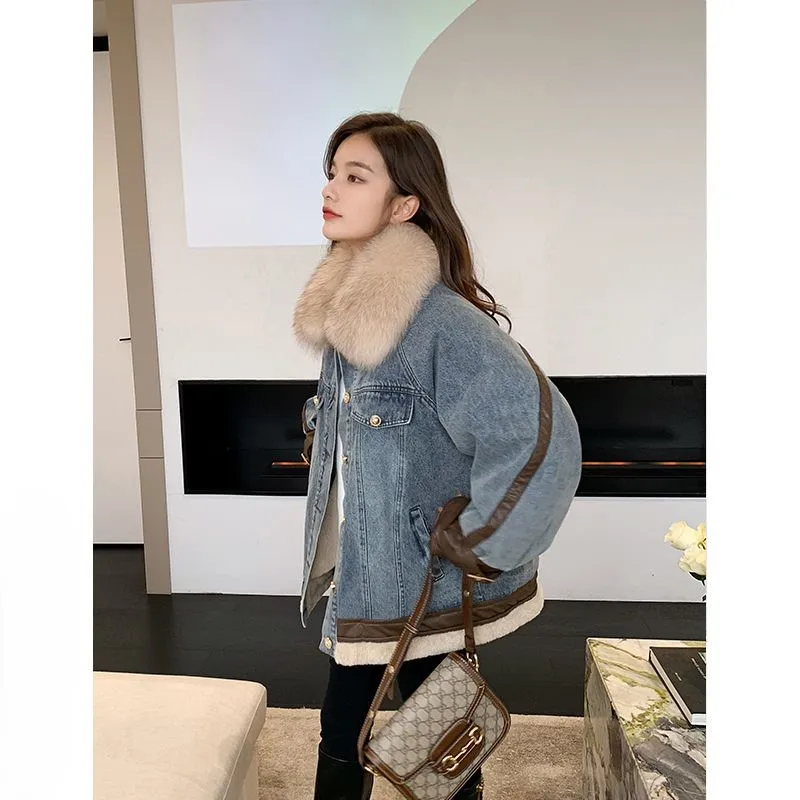 

Denim Coats Woman Oversize Fur Plush Womens Winter Regular Fit Minimalist Urban Office Anti-Wrinkle Buttoned Corduroy Drawstring
