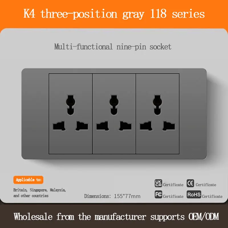 118 Type Embedded Switch Socket Grey Panel Multi-functional 3 Hole Universal Nine Hole Home Power Wall Socket