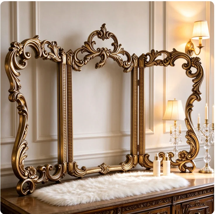 French retro makeup mirror European carved three-fold vanity mirror desktop folding delivery no mirror only frame