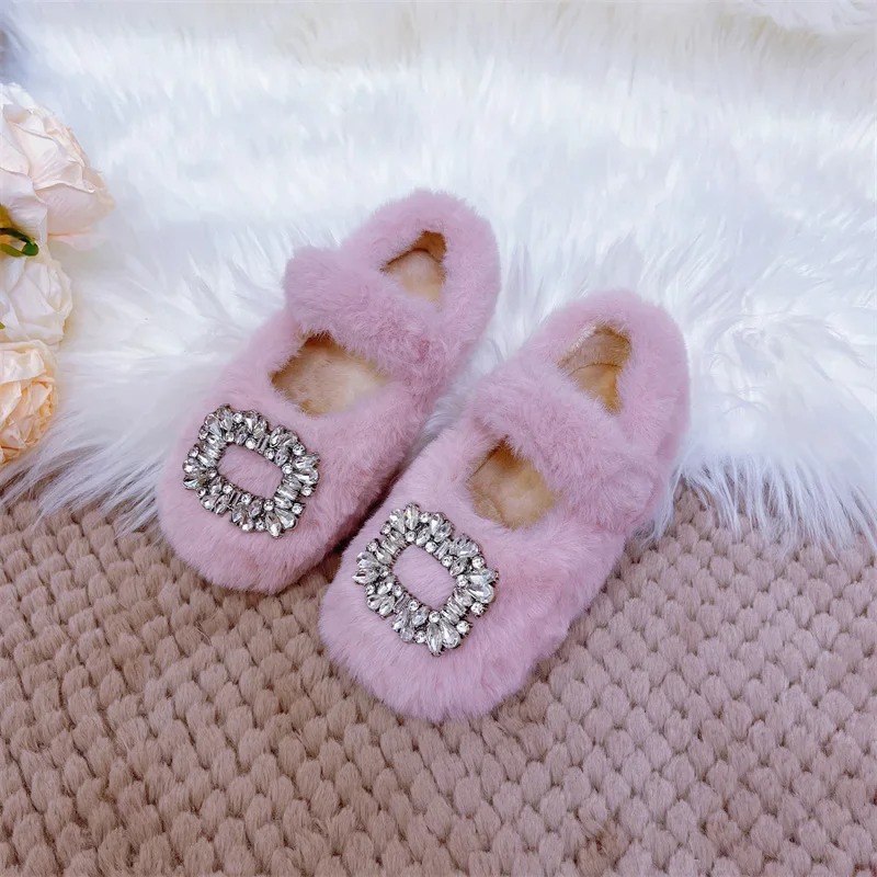 Luxury Rhinestone Fur Ballet Flats Baby Girls Winter Warm Loafers Kids Plush Mary Jane Shoes Kids Outdoor Non-slip Casual Shoes