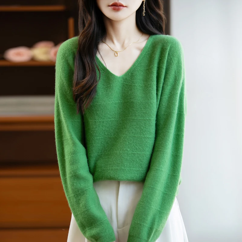 

Chic Autumn Winter V-Neck Horizontal Stripe Pullover Sweater Soft Warm 100% Merino Wool Knitwear Casual Lazy Woman Clothing Tops