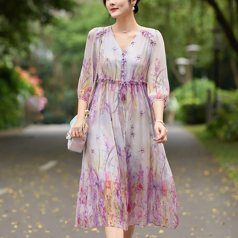 Prairie Chic Women's Floral Print Dress Summer V-neck Elegant Dresses For Women Three Quarter Sleeve 100% Real Silk Long Dress