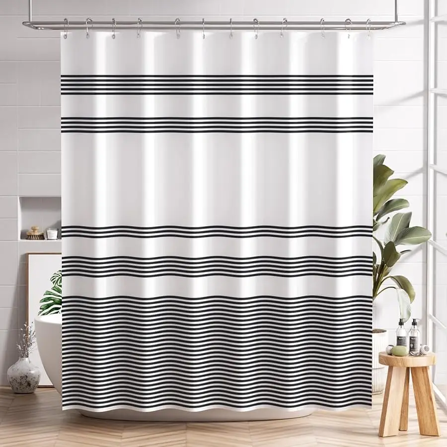 

Shower Curtain, Washable Cloth Black Shower Curtain Sets with 12 Shower Curtain Hooks, Fabric Rustic Black and White Striped Cur