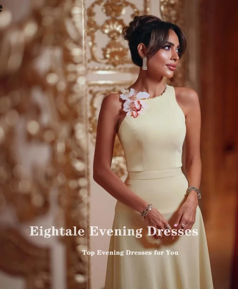 Eightale Arabic Evening Dress Customized O-Neck 3D Flowers Stretchy Satin Yellow Mermaid Prom Wedding Party Gowns image 3