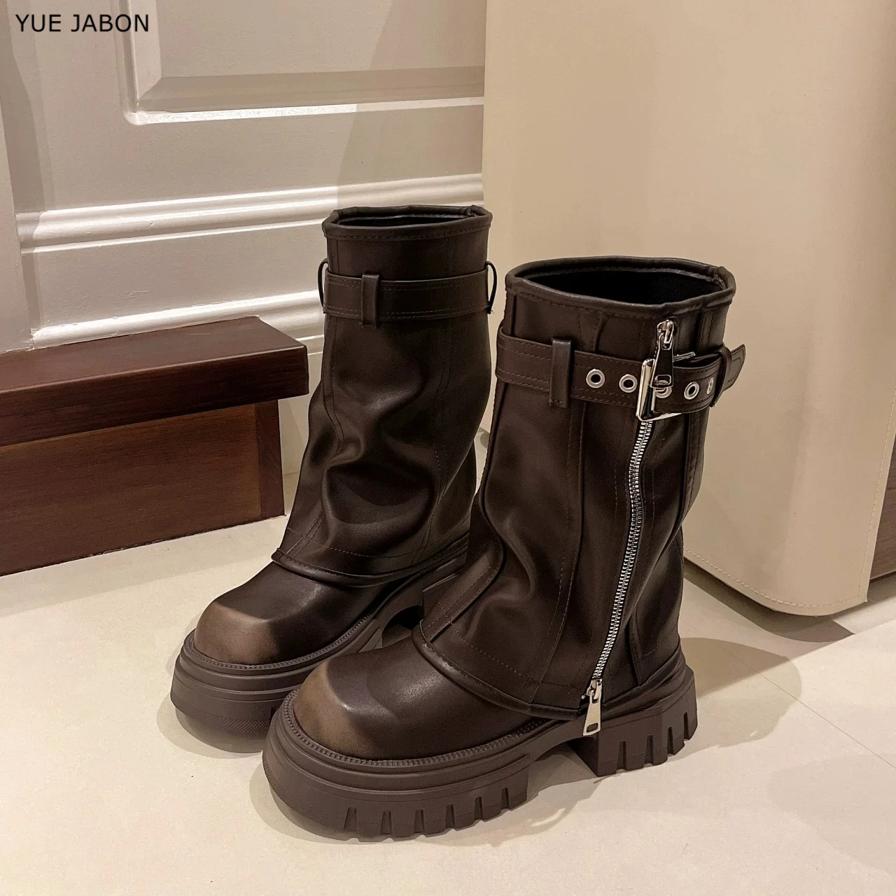 

Brown Winter Women Biker Boots Belt Buckle Zippper Ladies Elegant Platform Long Pipe Booties Casual Women's Knee High Booties