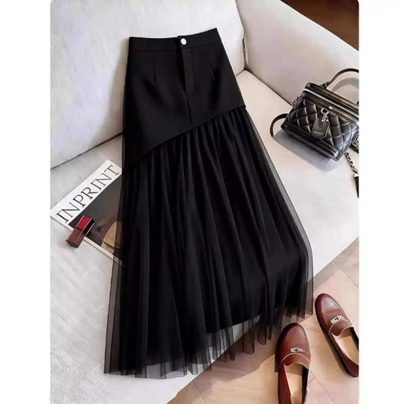 

Black Mesh Splice Midi Skirt Women's Early Spring Luxury Sensation Beautiful Design High Waist A-Line Skirt Casual Wear
