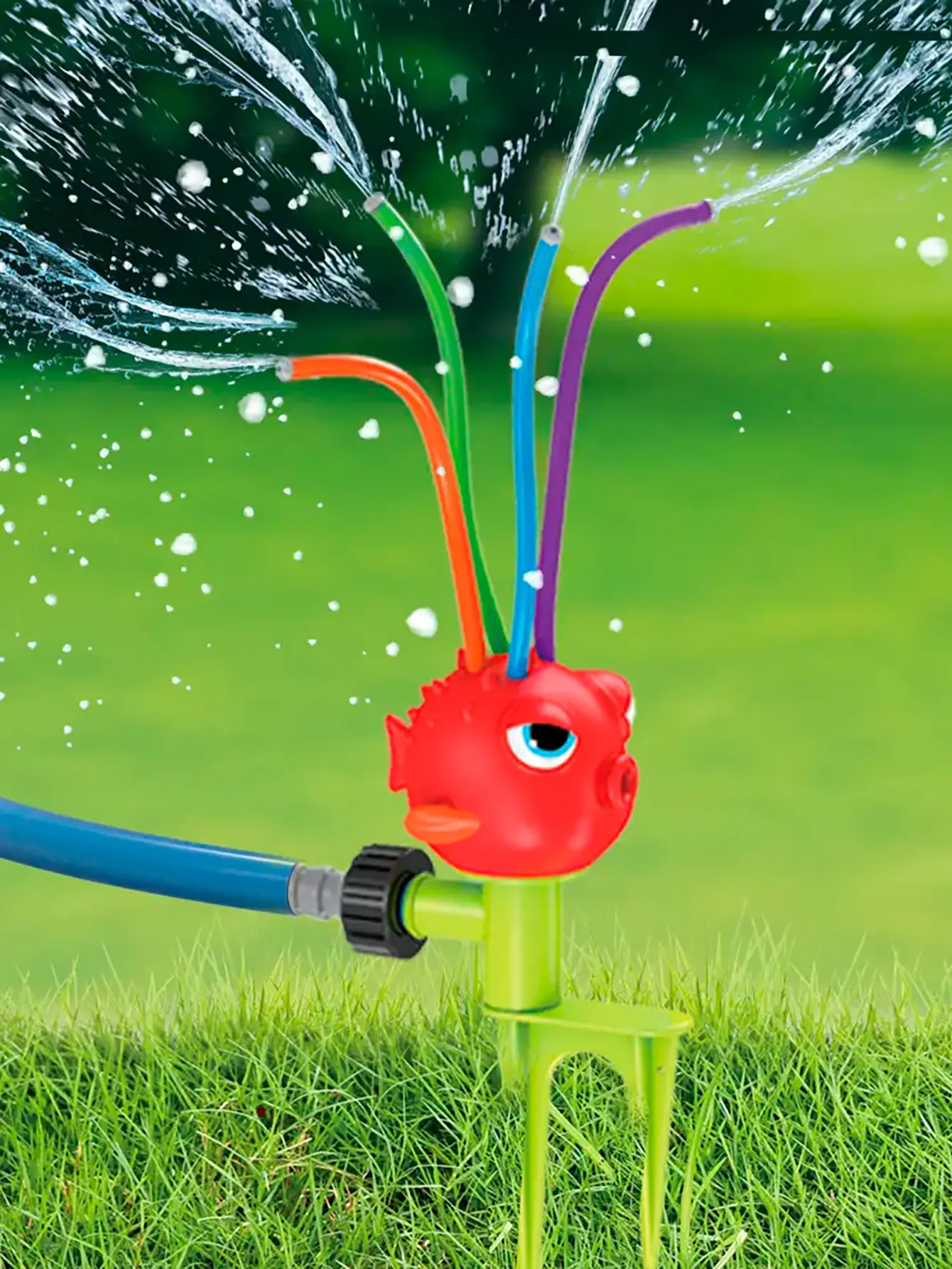 Children\'s sprinklers with 4 swing hoses Children\'s sprinklers attach to garden hoses Spray up to 8 feet deep