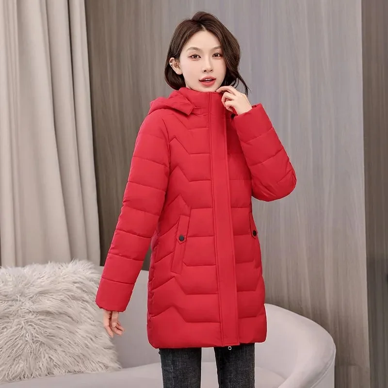 Long Slim Winter Ladies Cotton-Padded Jacket Warm 2023 New Winter Outerwear Hat Detachable Down Coat Women Parkas Large Size Top