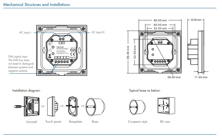 TPS-D-WT Tuya App 5 in1 WiFi+RF Montowany na ścianie dotykowy panel DALI 1CH*2mA AC100-240V Obsługa jednokolorowego CCT RGB RGBW RGB+CCT Light