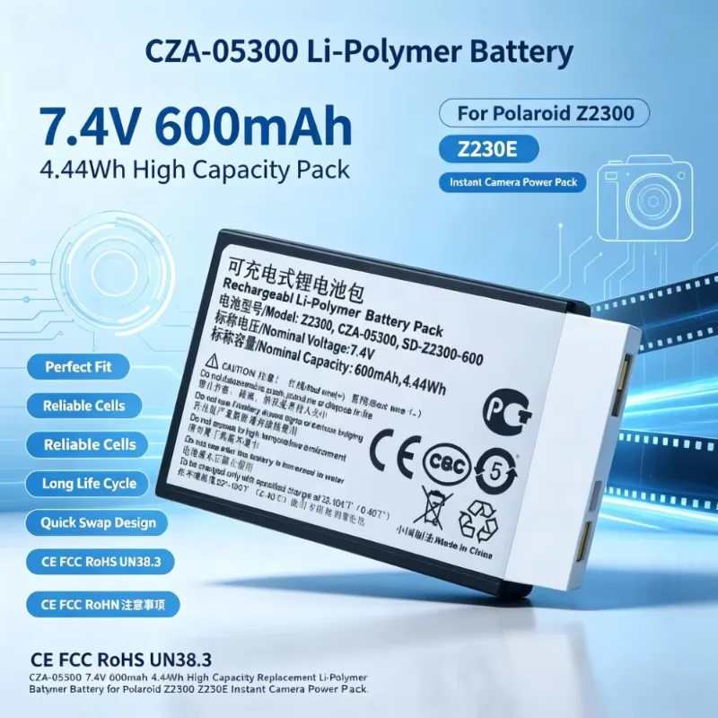 CZA‑05300 7.4V 600mAh 4.44Wh High Capacity Replacement Li-Polymer Battery for Polaroid Z2300 / Z230E Instant Camera Power Pack
