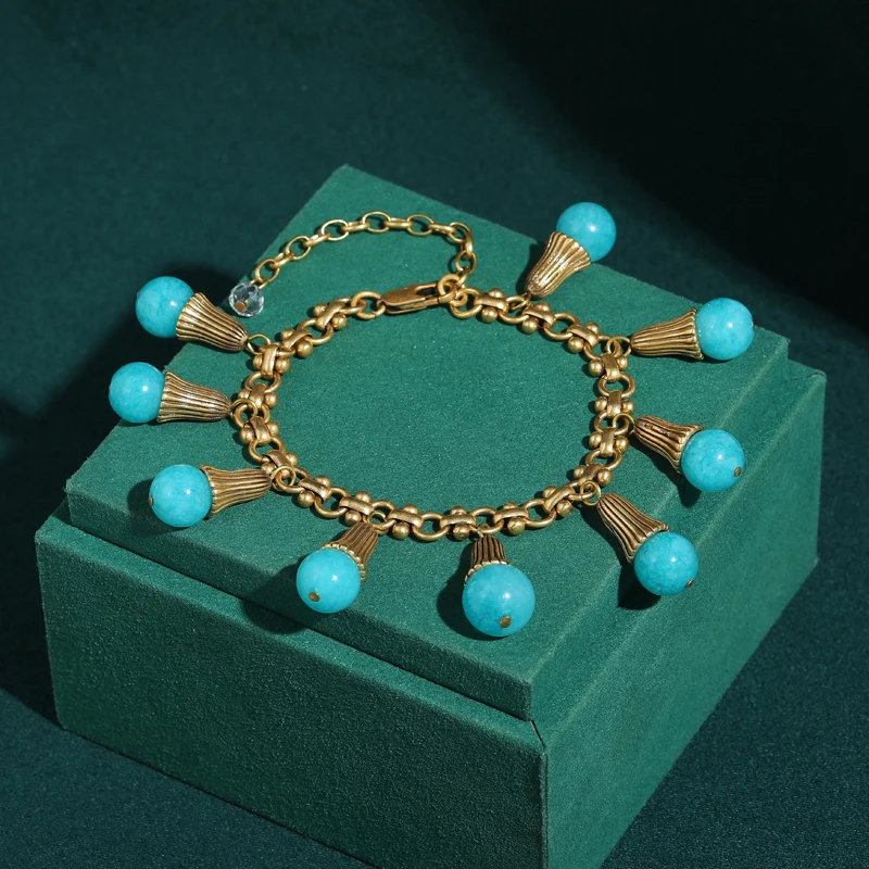 Vintage Turquoise Light Bulb Tassel Bracelet 18k Gold Color Natural Stone Bangle Jewelry Antique Accessories Retro For Women