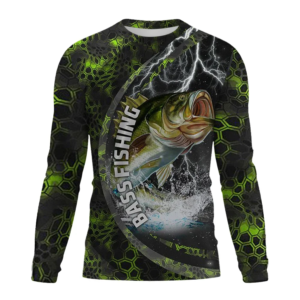 Men Bass Fishing Long Sleeve Shirt UV Sun Protection Quick Dry Camo Print Outdoor Lure Angling Fisherman Sport Wear Top