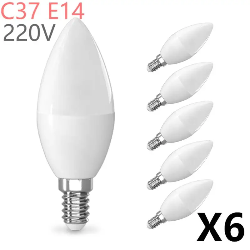 6pcs E14 LED Light Bulb AC220V 5W Warm White 3000K Cool White 6500K Candle Bulb 545lm 160°Beam Angle C37 Screw Light Bulbs