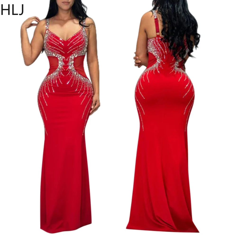 

HLJ Red Fashion Luxury Rhinestones Bodycon Spaghetti Strap Long Dresses Women V Neck Sleeveless Backless Evening Party Vestidos