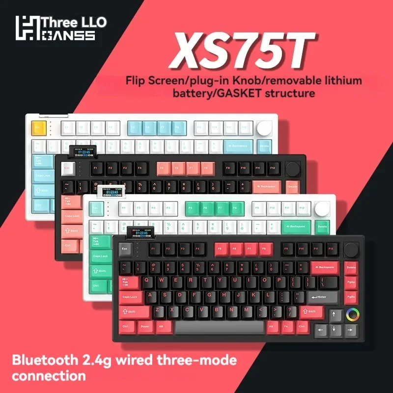 HELLO GANSS XS 75T Mechanical Keyboard Wireless Tri-mode Gasket Hot-Swap RGB Multimedia Knob Screen Custom 75% Gaming Keyboard