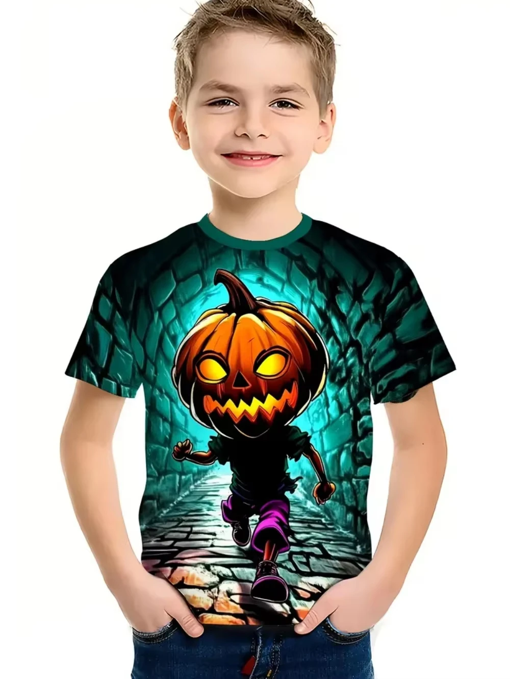 Halloween T-shirt Harajuku Pumpkin Print Short Sleeve Vintage Kids Clothes Holiday Spooky Children's Clothing Graphic T-shirts