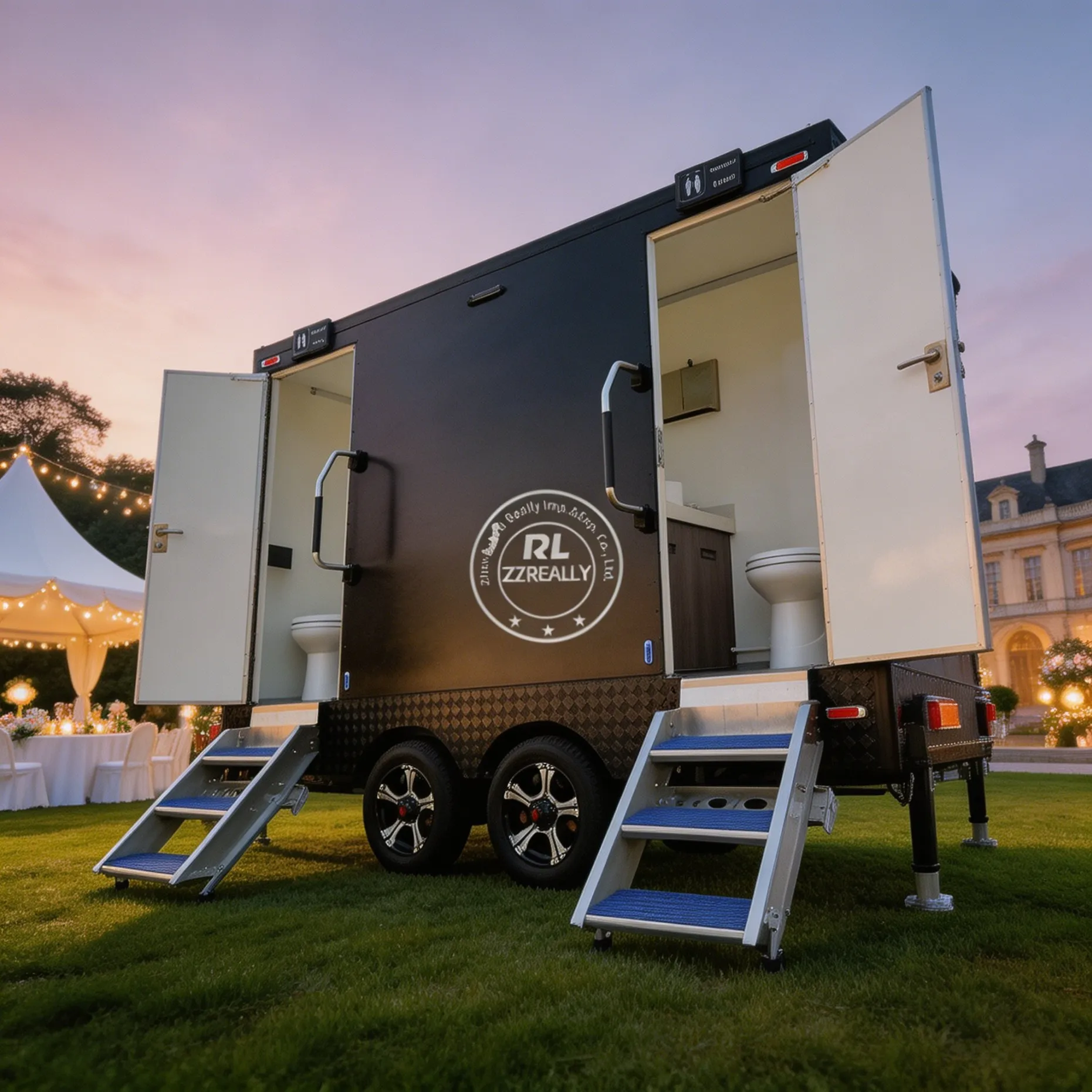 2-Station Luxury Portable Restroom Trailer Multicab Trailer Bathroom High Quality Luxury Portable Toilet Trailer for Sale