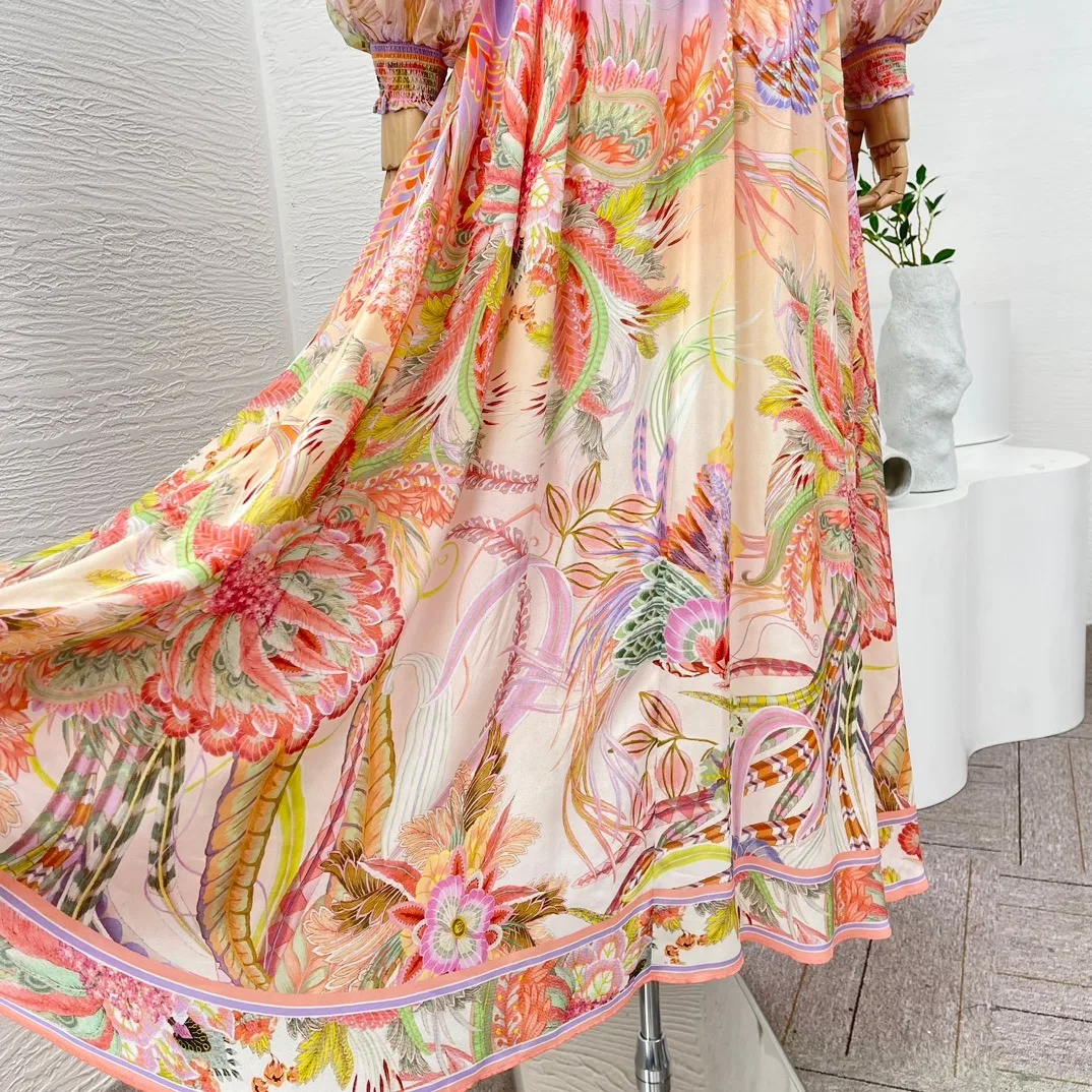 2024 Spring Floral Print Long Sleeve Diamonds Silk Ankle Dress