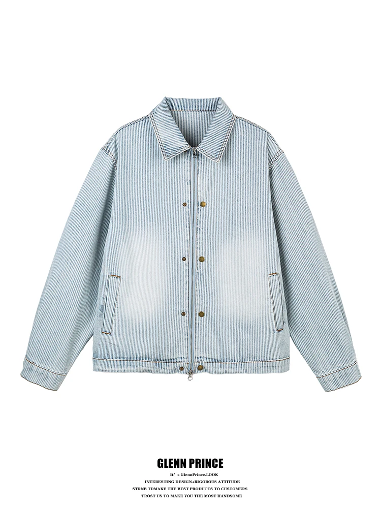 

Мужская джинсовая куртка свободного кроя в американском стиле с полосками, с длинным рукавом, с воротником, повседневная верхняя одежда для весны и осени, смесь хлопка и полиэстера