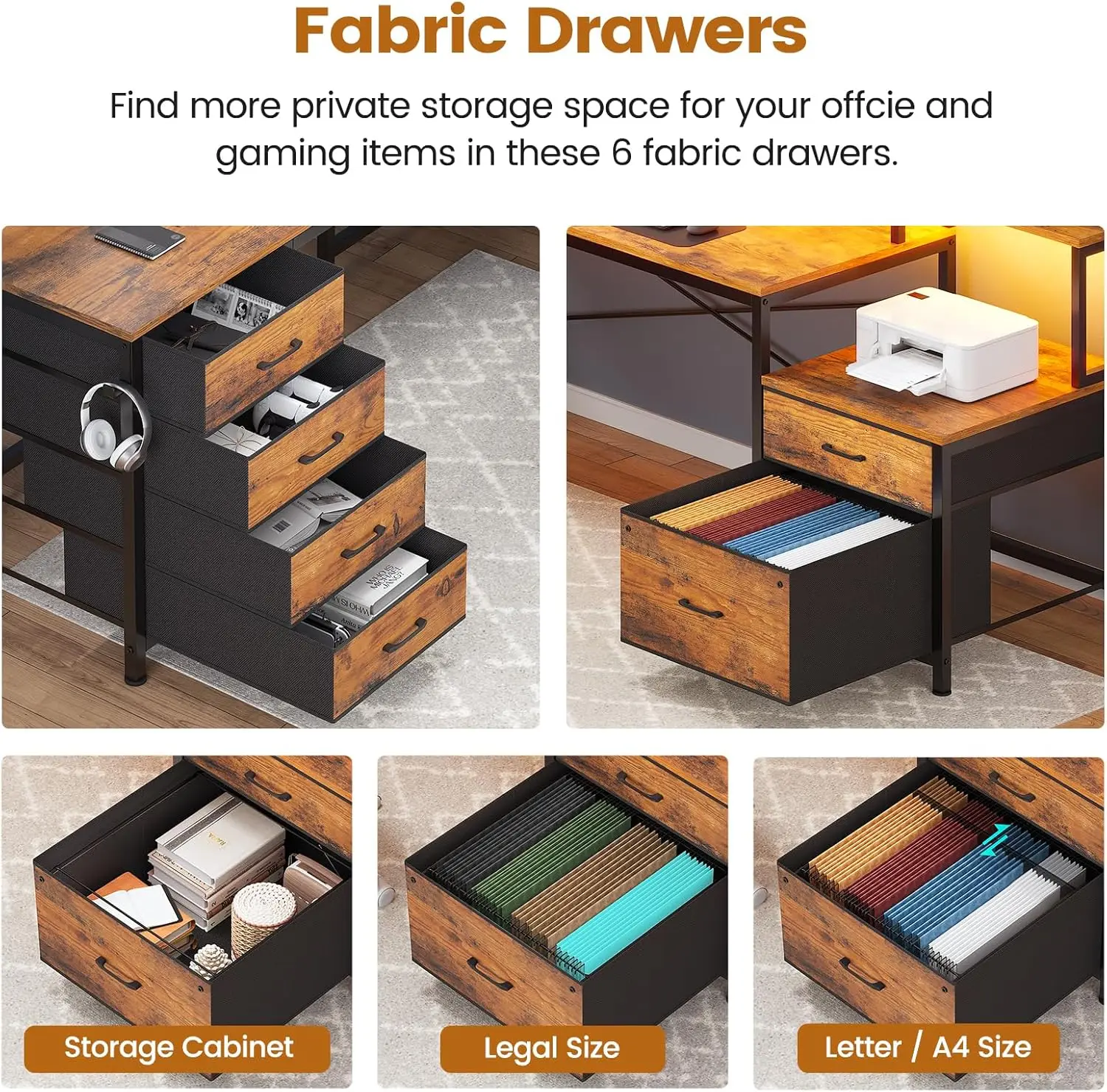 L-vormig bureau met 6 lades, 108 inch thuiskantoor met dossierlade en stopcontact, hoekcomputerbureau met monitorplank, twee