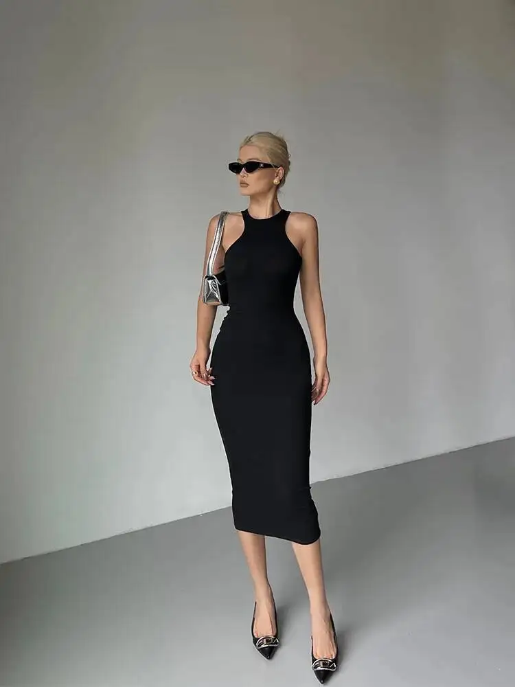 Sukienka WOMENGAGA z okrągłym dekoltem, bez rękawów, z odkrytymi plecami, damska, letnia, nowa, z wysokim stanem, dopasowana, o średniej długości, słodka, UL75