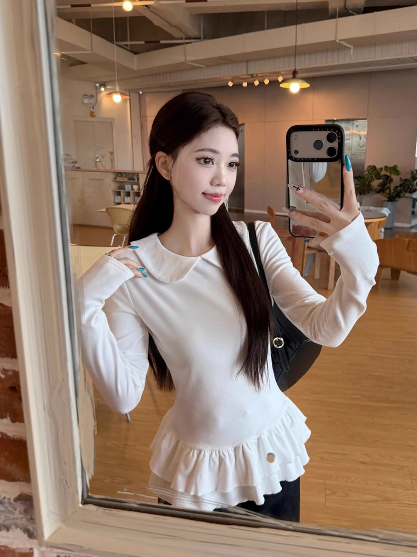 Korean Style Long Sleeve Ruffle Collar T-Shirt Women's Autumn Winter Slim Fit Velvet Base Shirt Inner Wear Trendy Top