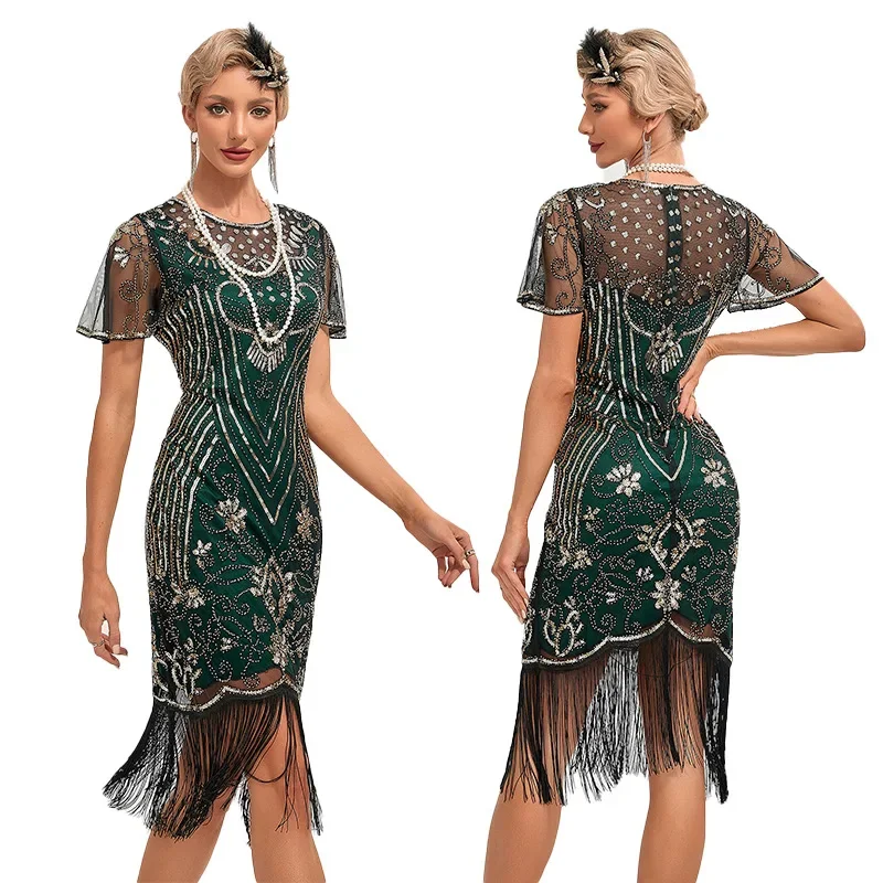 Spring Autumn New 1920S Dress Women Vintage Mesh Sequined Tassel Stitching Dress Women Short Sleeve Round Neck Slim Party Dress