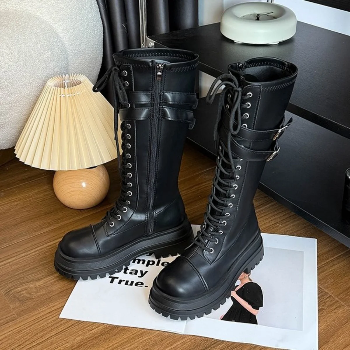 Additional 43 autumn women's boots, button-up round toe, wedge heel thick-soled boots, punk women's street shoes, women's boots