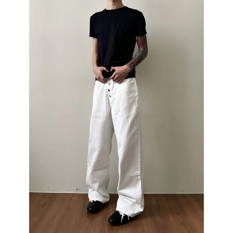 ملابس رجالية من EME باللون الأبيض الصلب بتصميم كلاسيكي بأزرار معدنية مستقيمة وفضفاضة #3