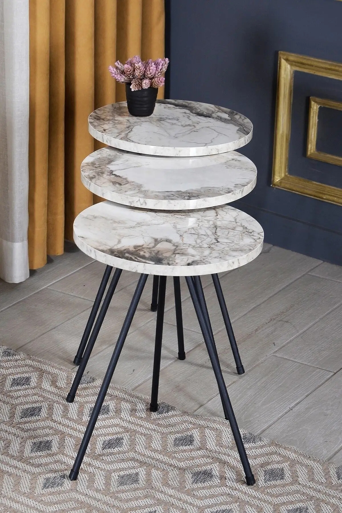 Nesting Tables Set of 3 Marble Wooden with Black Metal Legs Durable 6 Different Styles Easy to Assemble