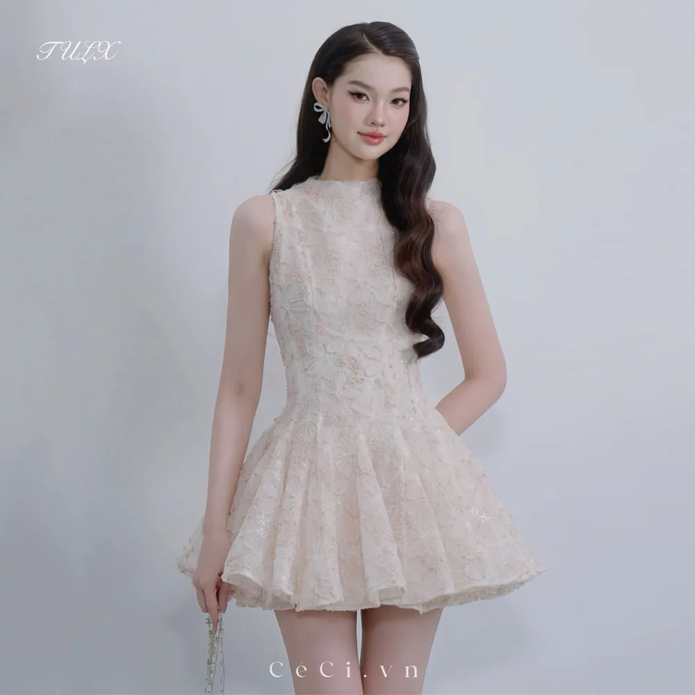 TULX ชุดเดรสสั้นลูกไม้สีชมพูเจ้าหญิง คอทรงโอ แขนกุด ชุดเดรสงานเลี้ยงวันเกิด ทรงเอ ความยาวเหนือเข่า ชุดเดรสค็อกเทลแบบเป็นทางการ