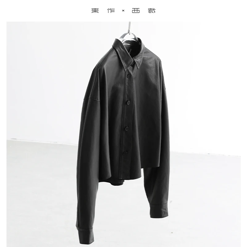 جلد الماعز الناعم والشمع ~ زر القرن ملابس خارجية من الجلد الطبيعي طية صدر السترة بأكمام طويلة نوع الرأس ملابس خارجية نسائية قصيرة لخريف وشتاء 2025 نمط جديد