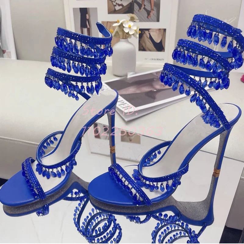 

Snake-shaped Crystal Tassel Stiletto Sandals Open-toed Winding Pendant Thin High Heeled Roman Sandals Women Sexy Shoes 2024