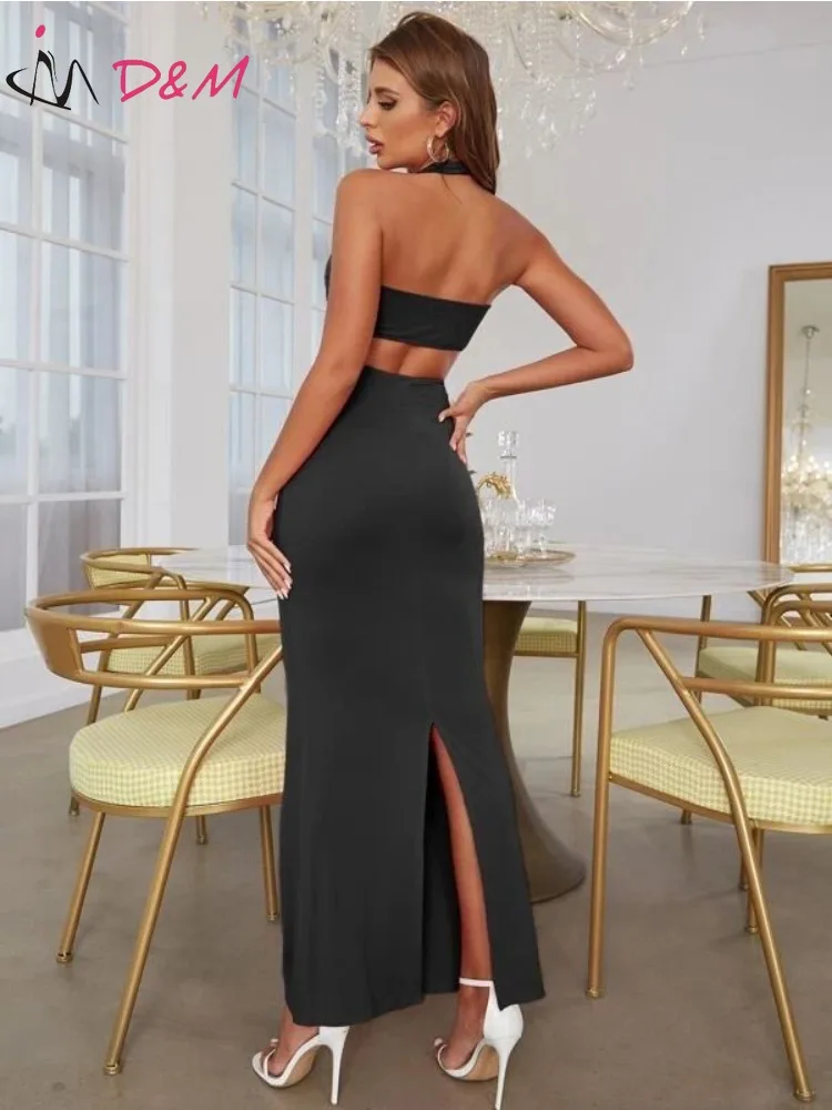 D & M-Women's Cut-Out Back Halter Neck Backless Dress, Evening Dresses, Elegant and Pretty, Brand Clothing