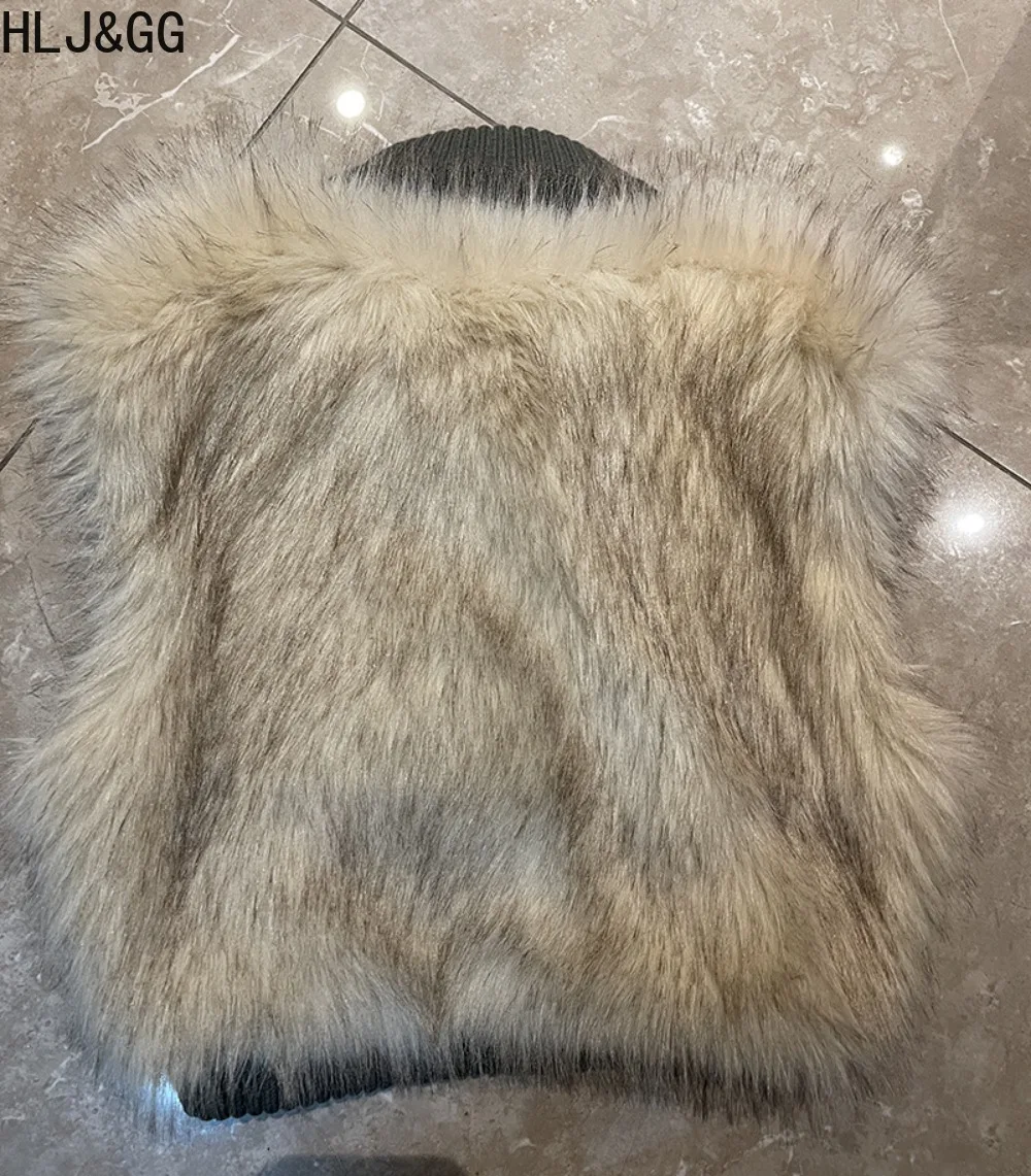 HLJ hiver nouvelle mode fourrure Patchwork manteau gilet femmes tricot couleur unie sans manches vestes courte femme Y2k Streetwear 2025