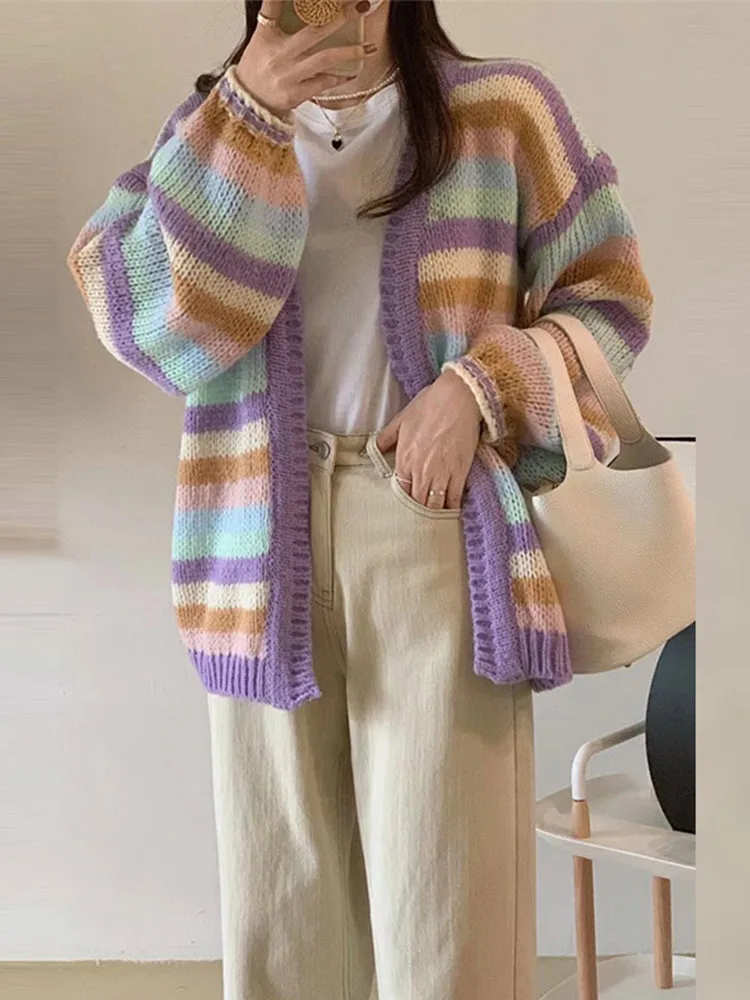 Rainbow Striped Knit Cardigan Women V Neck Open Front Relaxed Fit Long Sleeve All Match Autumn Fashion Outerwear