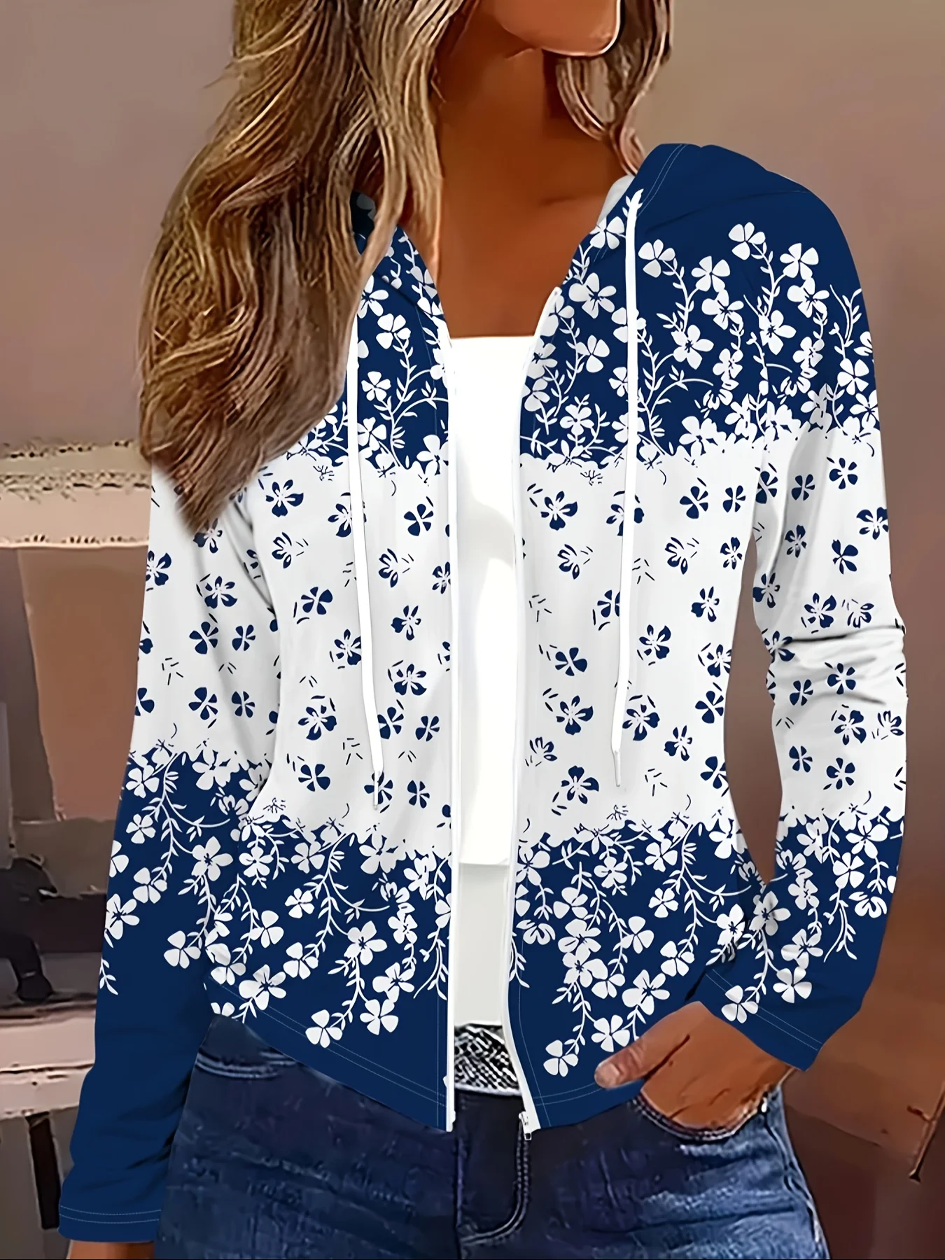 

Printed Design spring and autumn styles casual style Blue And White Floral Pattern ladies' casual jacket