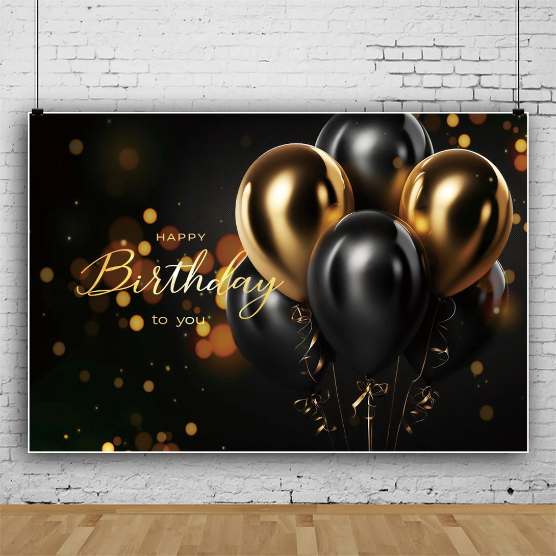 Laeacco Happy Birthday Party Backdrop Black Gold Balloons Glitter Bokeh Spots Adult Men Women Portrait Photography Background