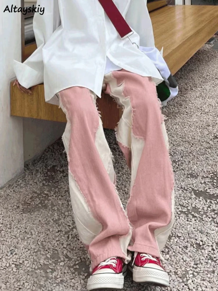

Wide Leg Panelled Jeans Women Vintage Ripped Loose High Waist Y2k Clothes Street Harajuku Casual Denim Design Washed Students