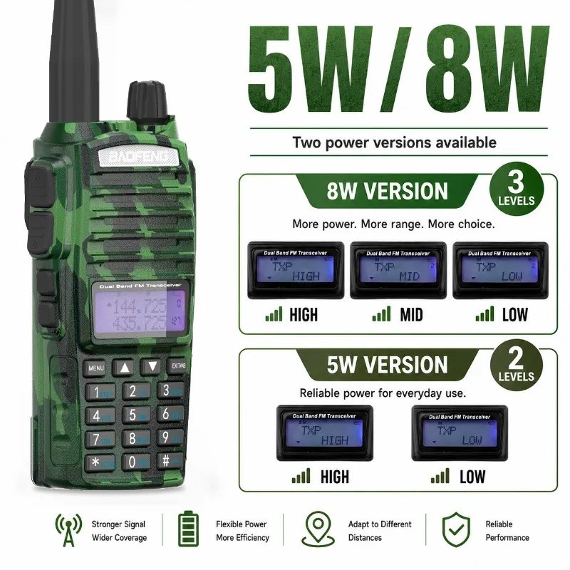 5W/8W BaoFeng UV-82 Walkie Talkie High Power VHF UHF Dual Band FM Receiver Dual PTT Flashlight Long Range Portable Two Way Radio