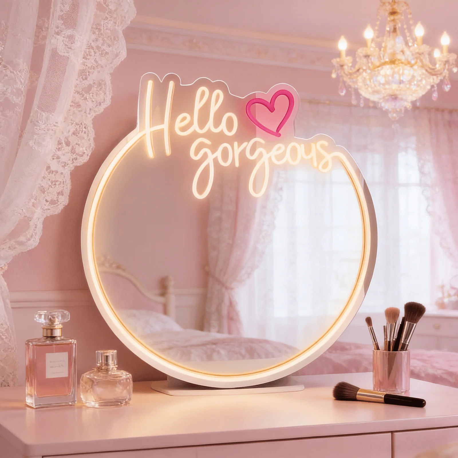 Hello Gorgeous Neon Sign with Mirror, LED Lighted Makeup Mirror with Pink Heart, USB Powered Neon for Bedroom Makeup Room Decor