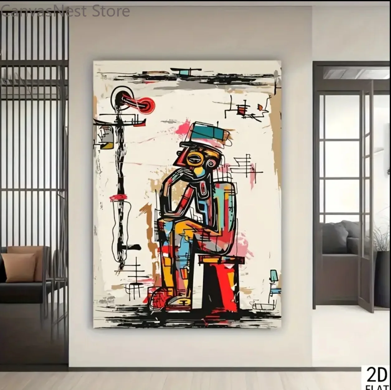 Abstract Thinker Figure Canvas Wall Art, Graffiti Style Colorful Line Art Poster Print for Living Room Decor