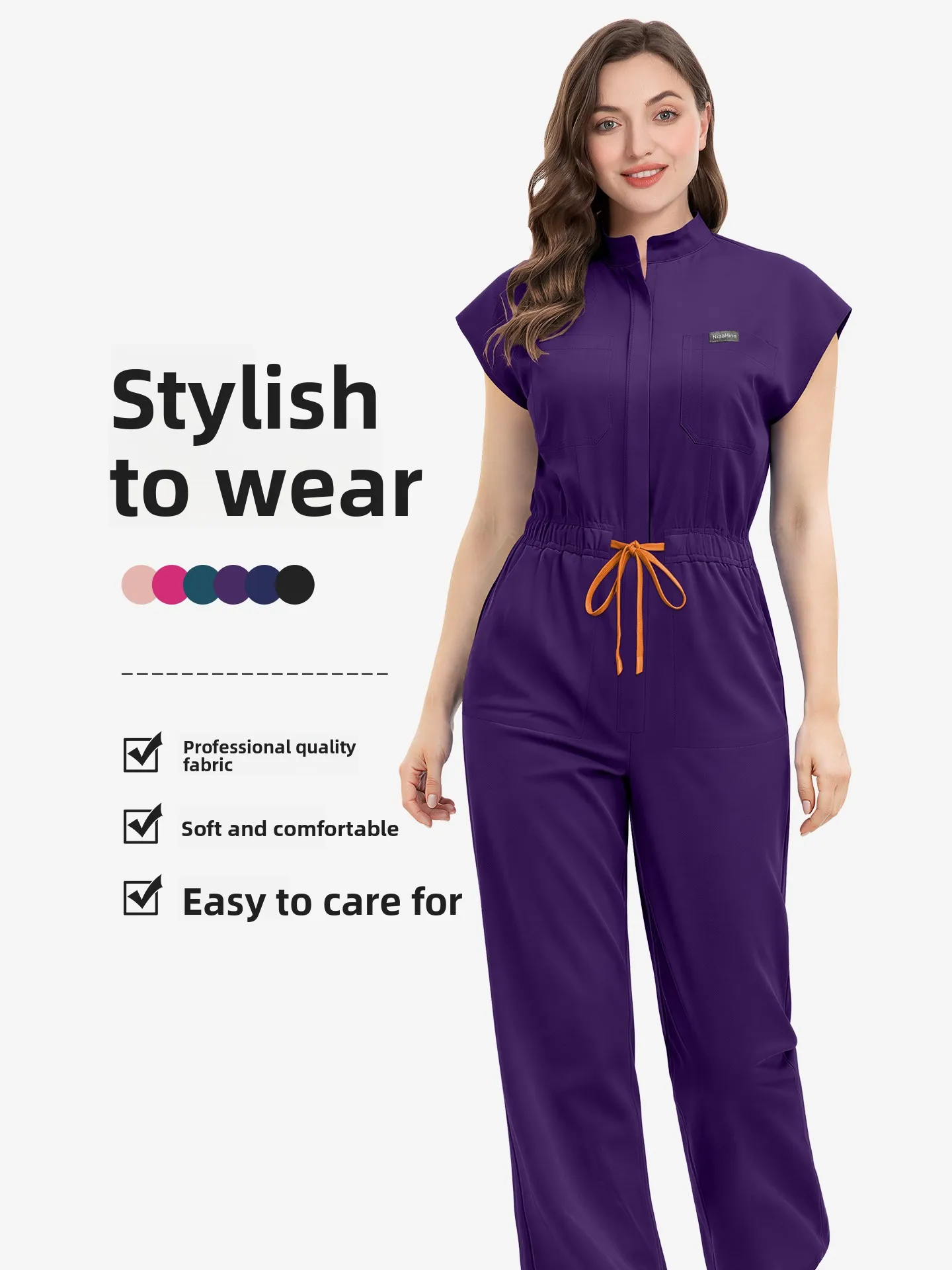 NiaaHinn Hospital Scrub Suit Women's Medical Uniform Stand Collar Waist-Cinching Multi-Functional Workwear Ensemble