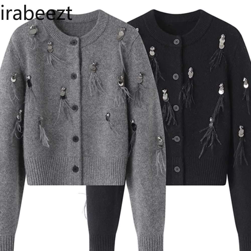 Sheep Wool Clothes Women 2024 New Autumn and Winter Fringe Sequin Feathered Knitwear Senior Regulai Fit Cardigan Women