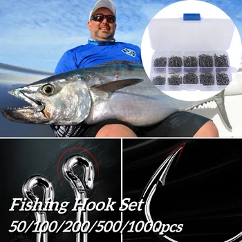 Ganchos de pesca 100-1000 peças de caixa de gancho de peixe conjunto de água salgada água doce aço de alto carbono acessórios de gancho de peixe engrenagem de pesca