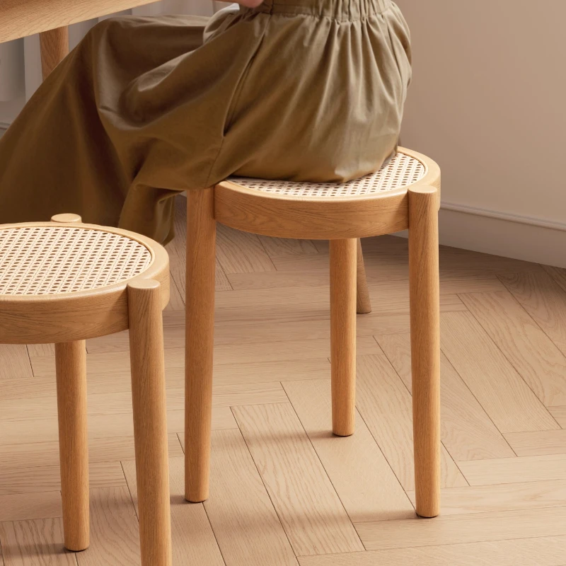 

Natural Handmade Faux Rattan Round Stool, Stackable Solid Wood Dining Stool, Modern Minimalist Home Seat, Vintage Makeup Stool