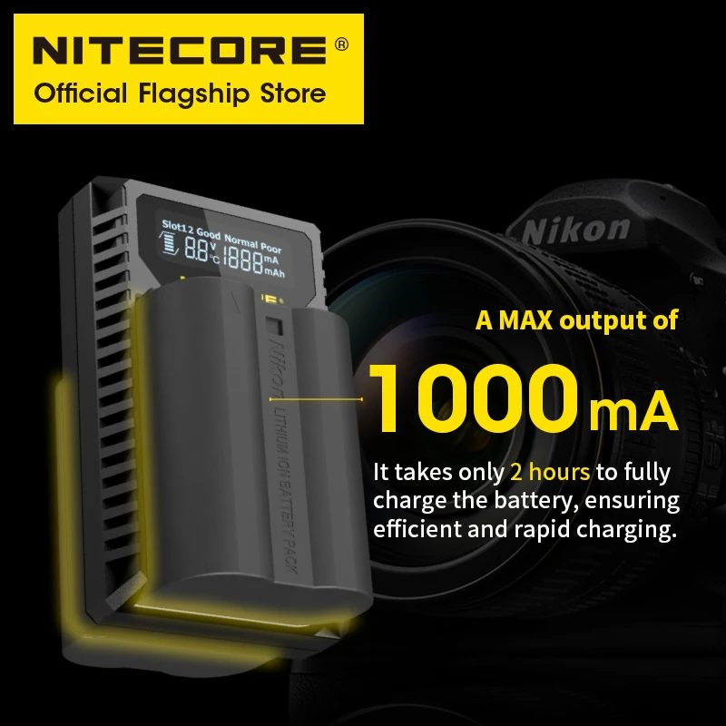 NITECORE UNK2 Smart Camera Battery Charger Dual-Slot USB for Nikon EN-EL15 EN-EL15a EN-EL15b D500 D600 D810 D7500 Z6 D800E D7000