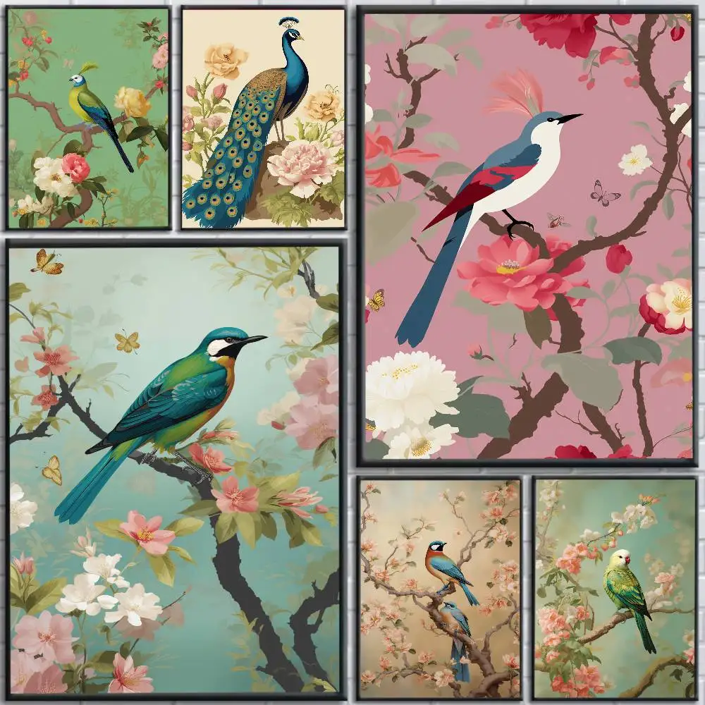 Traditional Chinoiserie Bird and Flower Budgie Heron Landscape Poster Canvas Printing Wall Art Pictures Home Interior Room Decor