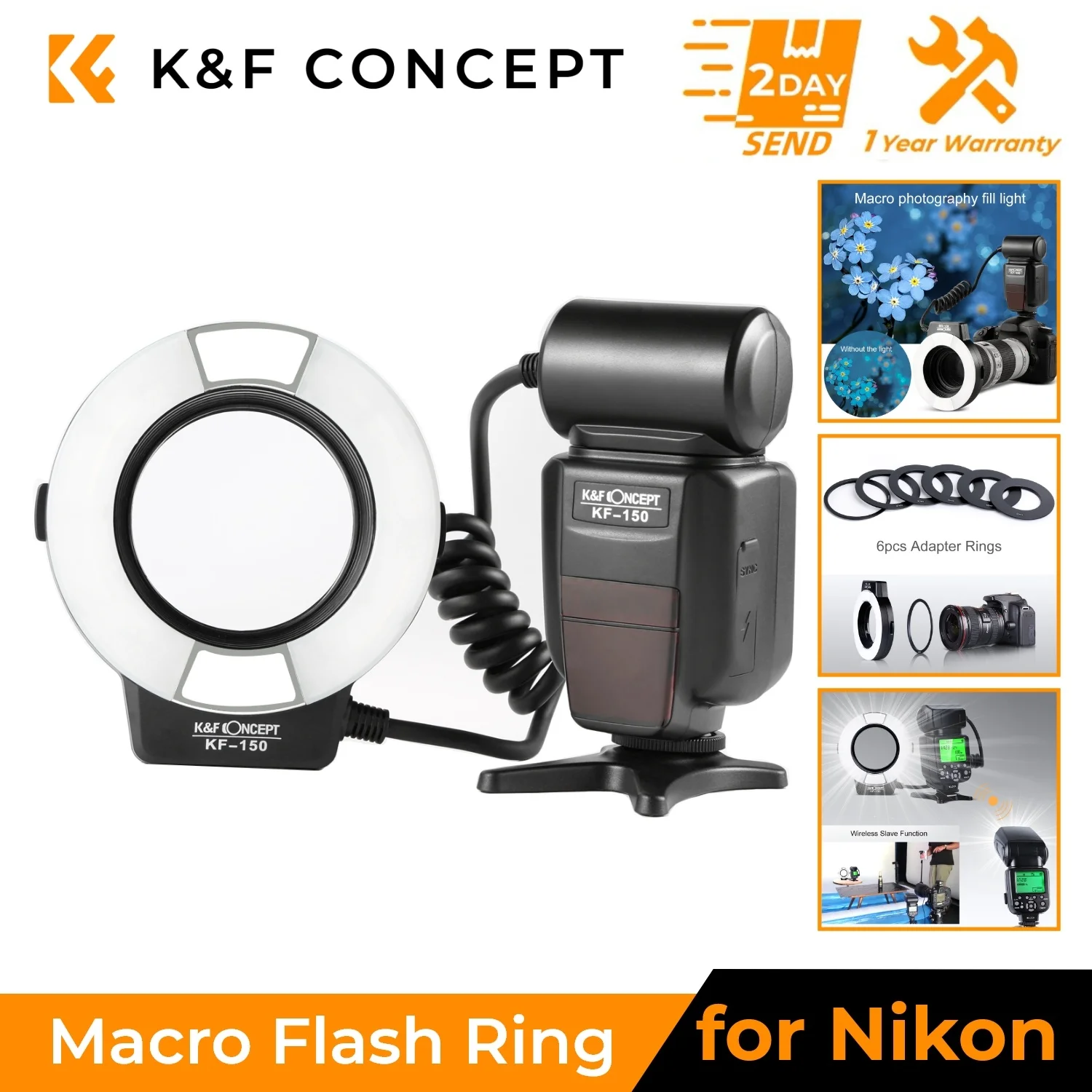 K&F Concept KF-150 I-TTL Macro Ring Light Flashs LCD Display and Wireless Slave Speedlite with 6pcs Adapter Rings For Nikon DSLR