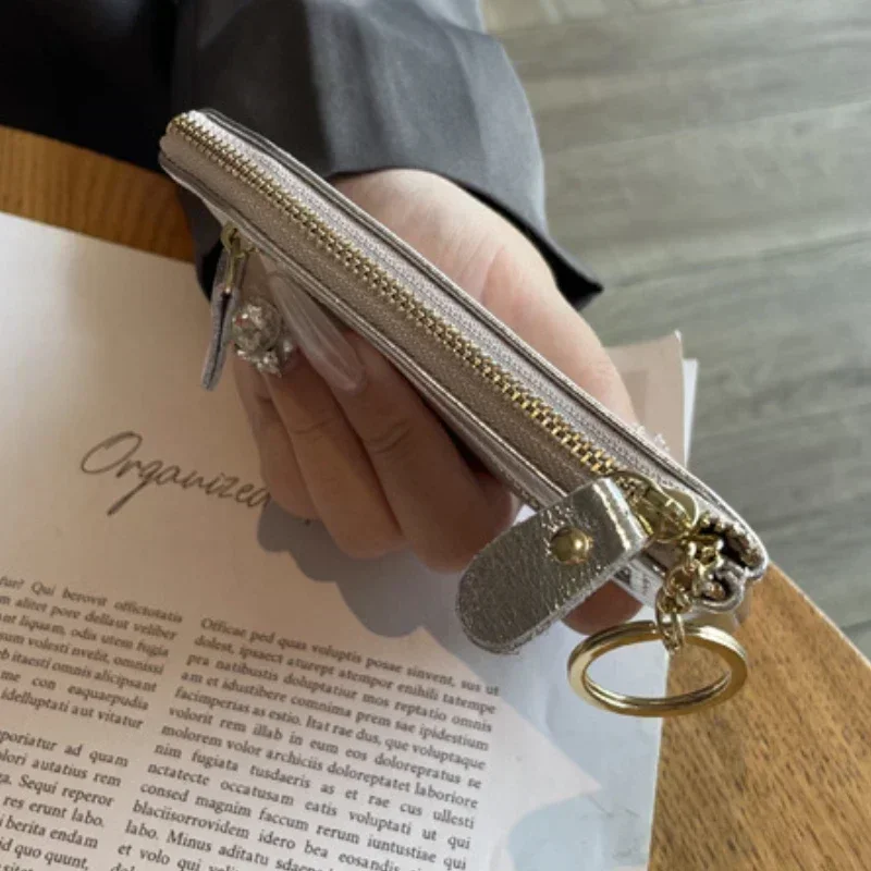 Mini Coin Purse Portable Key Card Holder Coin Bag Pouch with Keychain New Silver Genuine Leather Zipper Cute Wallet for Women